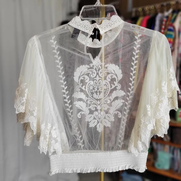 Forever 21 Sheer Lace Blouse, Cream Color, Size Medium - Picture 2 of 5